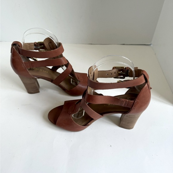 FRANCO SARTO Womens Bizzy Brown Leather Heels Cross Strap Sandals Shoes Size 6.5 - Picture 7 of 10